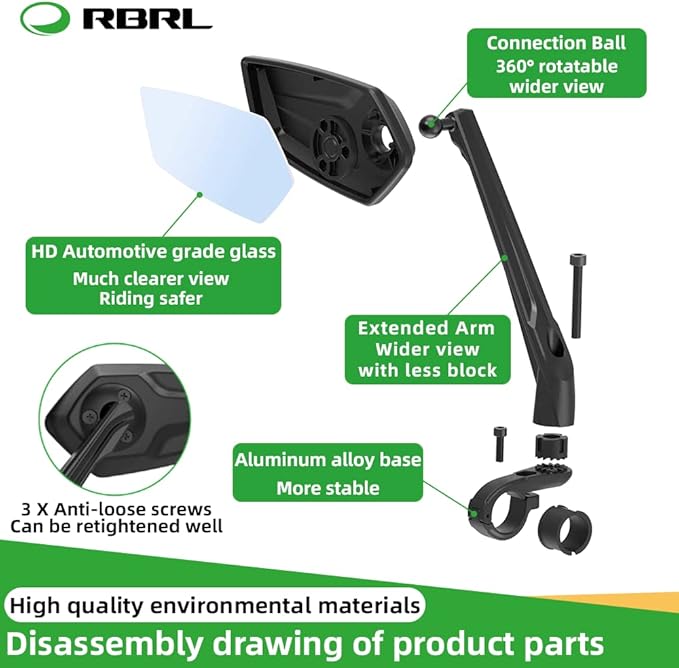 RBRL Bike Mirror Rotatable HD Crystal Clear Glass Bike Mirrors Handlebar Rearview Mirror, Wider View Bicycle Mirrors for electric bike, Scratch Resistant Bike Rear View Mirror(Handlebar-Pair)