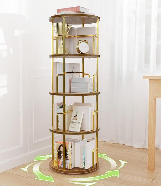 4 Tier Rotating Bookshelf Tower Round Gold,50” Floor Standing Spinning Bookshelf Tower Anti-Tipping Design,Metal & Wood Revolving Bookcase Stackable Space Saving for Small Spaces,Study,Living Room