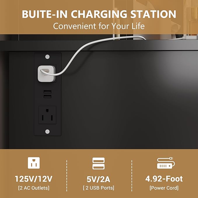 Vanity Desk with Mirror and Lights,Black Makeup Vanity with Charging Station & Stool, 3 Drawers and Cabinets, White Vanity Mirror with RGB LED Lights Makeup Desk and Chair for Women