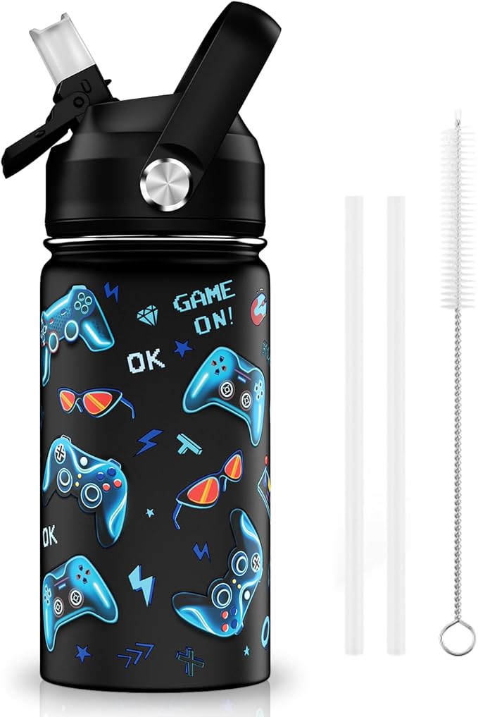 14oz Kids Insulated Water Bottle with Straw Lid - 18/8 Stainless Steel Kid Cup Travel Tumbler Double Wall Vacuum Leak Proof Portable Toddler Water Bottle (Game)