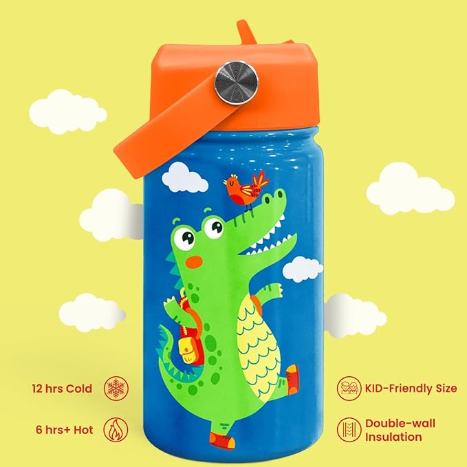 Crocodile Water Bottle - Kids Water Bottle with Straw Lid - 12 Oz Insulated Stainless Steel Water Bottles for Kid Boys - Travel Cup for School Sports