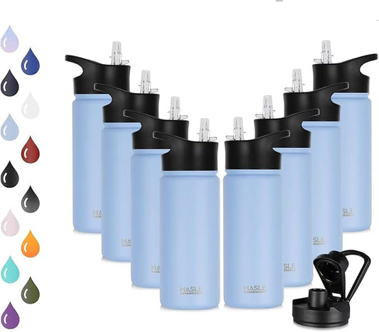 HASLE OUTFITTERS Insulated Water Bottle 16 oz Double Wall Vacuum Stainless Steel Water Bottle Leak Proof for School Wide Mouth with Straw Lid & Spout Lid Keeps Cold and Hot(Blue,8pack)