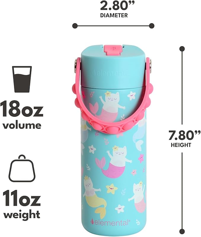 Elemental Insulated Kids Water Bottle, Stainless Steel Water Bottle with Straw Lid & Pop-It Handle, Leak-Proof Water Bottles for School, Boys or Girls, Travelling and Sports, 18oz - Meowmaid