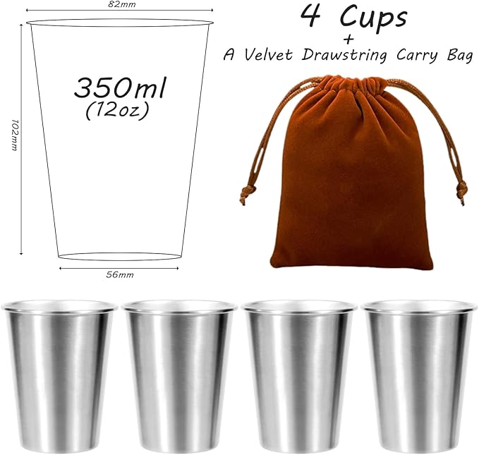 LOZACHE Stainless Steel Cups for Kids, 4 Pack 12oz Premium Metal Drinking Glasses Stackable Durable Pint Tumbler, Unbreakable Sippy Cups for Home & Outdoor Activities, BPA Free