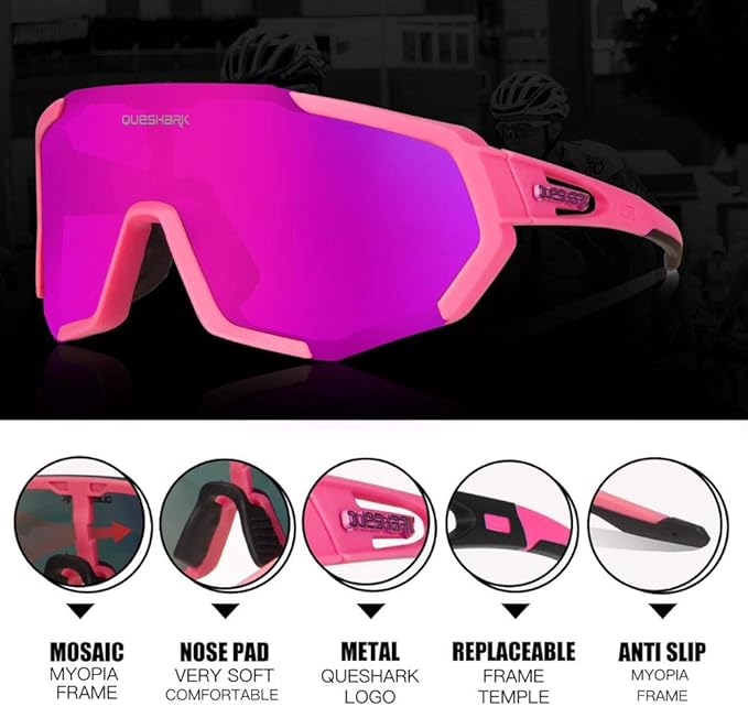 Queshark Cycling Glasses, Sports Sunglasses for Men Women, 1 Polarized 2 HD Lens, Polarized Sunglasses for Cycling Running