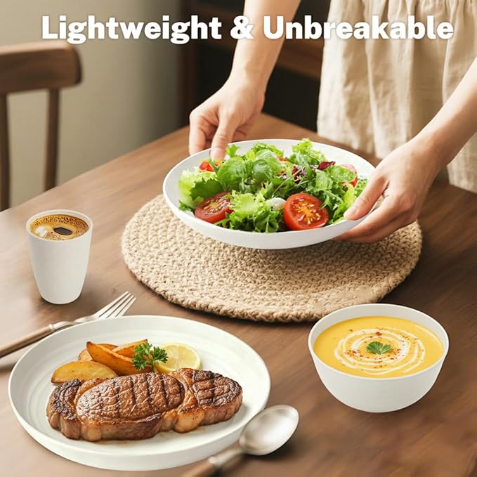 Plates and Bowls Sets for 8, Unbreakable & Lightweight Wheat Straw Dinnerware Sets 32 PCS, Microwave Safe Dishes Set for 8, Dinner Plate, Kitchen Cups and Bowls for Outdoor- White
