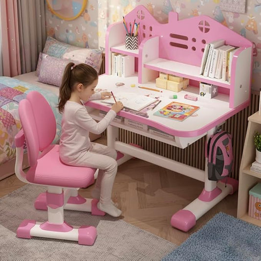 Kids Ergonomic Desk and Chair Set, Height Adjustable School Study Table with Bookshelf, Drawer and Spine Support Backrest, Kids Desk and Chair for Bedroom&Study Room (Pink)