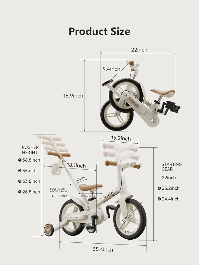 lecoco Upgraded Toddler Bike with Push Handle 6 in 1 for Kids, Balance Bicycle Toys with Training Wheels, Brackes, Cup Holder, Pedal, Kickstand Birthday Gift for Boys and Girls
