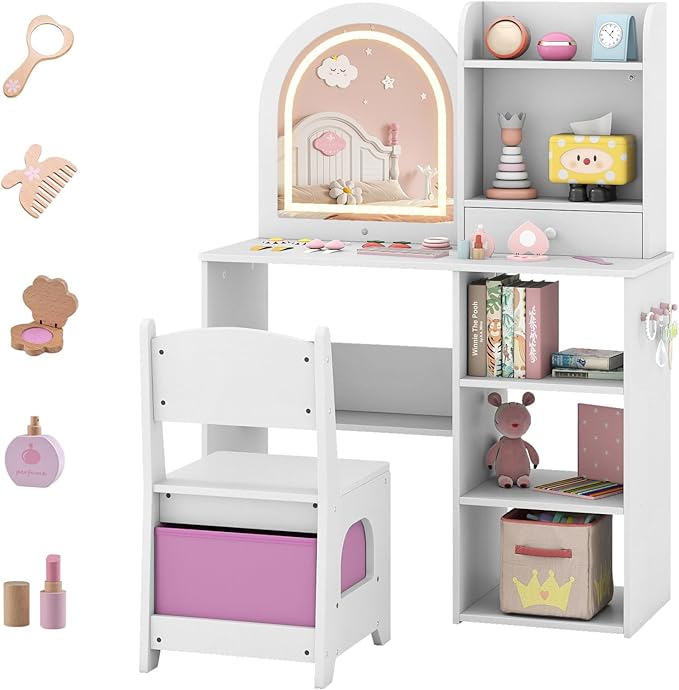 Costzon Kids Vanity with Lights, Girls Vanity Set with Mirror, Storage Drawer, Hooks & Shelves, Toddler Makeup Vanity Desk Dressing Table, Wooden Kids Vanity Table and Chair Set (White)