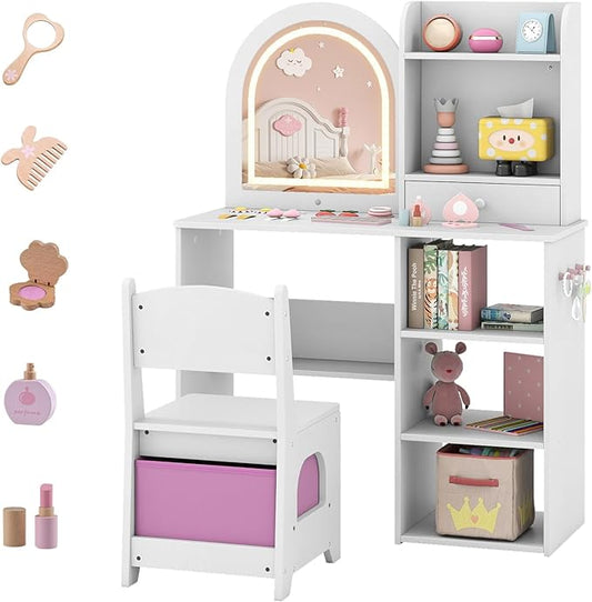 Costzon Kids Vanity with Lights, Girls Vanity Set with Mirror, Storage Drawer, Hooks & Shelves, Toddler Makeup Vanity Desk Dressing Table, Wooden Kids Vanity Table and Chair Set (White)