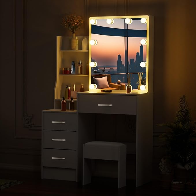 Makeup Vanity Desk with Sliding Mirror and Lights, Small White Vanity Desk with 3-Color Light Adjustable Brightness, 4 Drawers & Open Shelves, Vanity Desk for Bedroom, Girls & Women