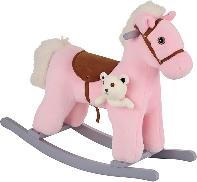 Qaba Kids Plush Ride-On Rocking Horse with Bear Toy, Children Chair with Soft Plush Toy & Fun Realistic Sounds, Pink