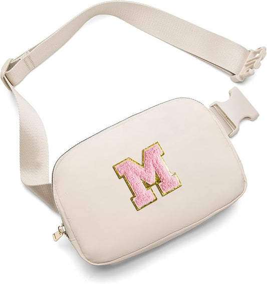 Gitus Belt Bag Fanny Pack Crossbody Bags with Initial Letter Patch Cute Stuff Birthday Gifts for Teenager Girls Trendy Preppy Stuff for Teen Girls(Beige-M)