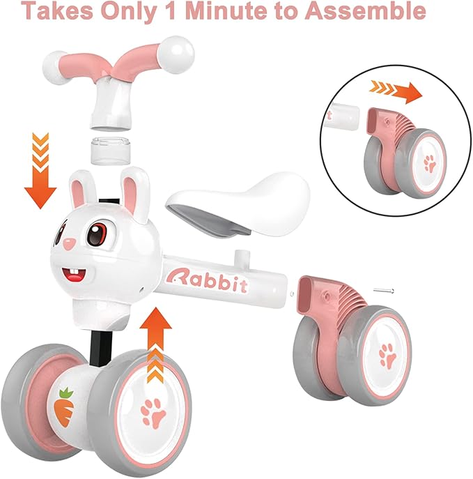 YGJT Baby Balance Bike Toys for 1 Year Old Girls, First Birthday Gifts for 10-36 Months Toddlers Bike, Non-Pedal 4 Silent Wheels Riding Toys, Kids Pre-School First Bike Rabbit