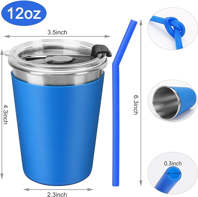 Kids Cups with Lids and Straws, 12oz Kids Tumblers with Straws and Lids Spill Proof Cups for Kid Stainless Steel Sippy Cup for School, Outdoor, 5 Pack
