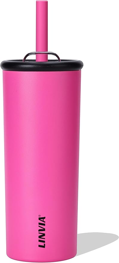 Candy Tumbler, 20 oz Kids Insulated Stainless Steel Water Bottle with Spill Resistant Silicone-Metal Straw and 2-in-1 Lid, BPA-Free, Cup Holder Friendly, Dishwasher Safe, Hot Pink