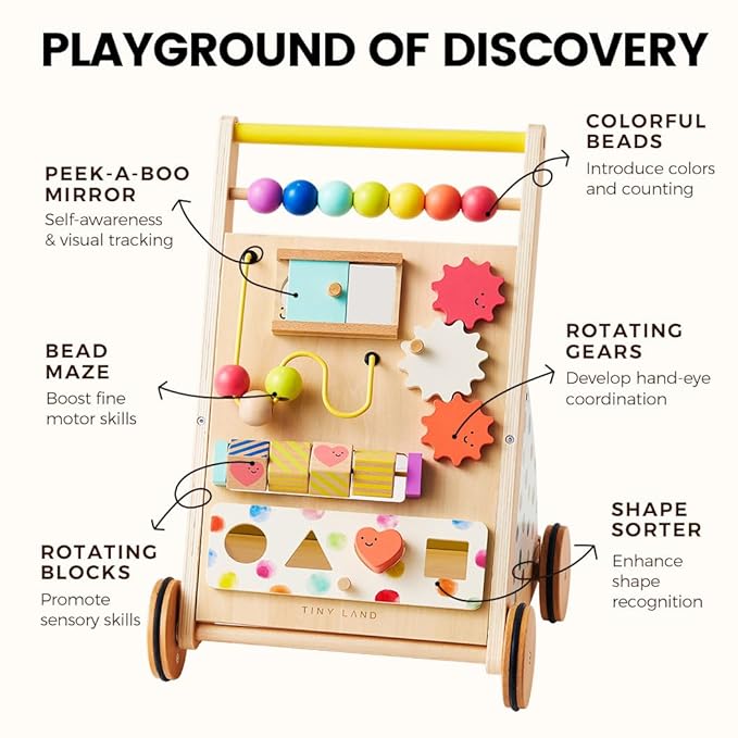 Tiny Land Wooden Baby Walker, Adjustable Speed Baby Push Walker for Boys and Girls, Montessori Activity Center Push Toy for Kids' Development, Ideal Christmas Gift for Toddlers (Rainbow)