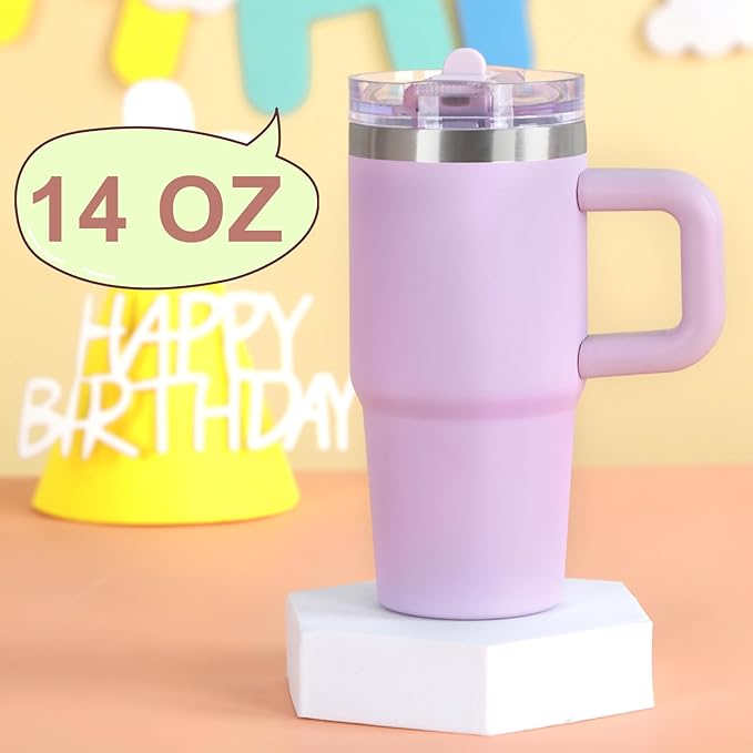 Cosictic 14 Oz Flip Straw Tumbler with Handle for Kids, Stainless Steel Double Wall Insulated Cup for Children with Flip Top Lid, 14 Oz Leak-proof Cups for Kids, Purple