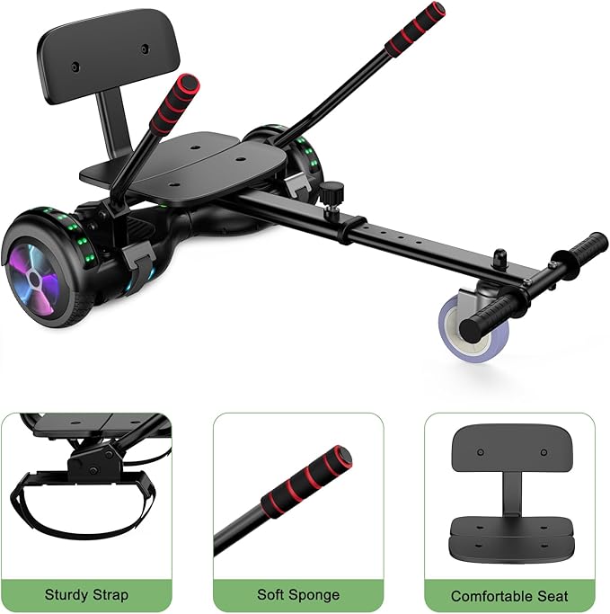 LIEAGLE Scooter With Seat Attachment, 6.5" Scooters Go Kart Combo With Colorful LED Lights & Bluetooth, For Kids Boys Girls Adults All Ages(Black with Kart)