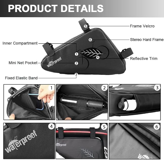 NDakter Bike Bicycle Frame Storage Bag, 2L Waterproof Bicycles Triangle Pouch, Cycling Pack for Phone, Wallet, Keys, Tools, Accessories, Bikes Front Tube Bag for Mountain Road Bike, MTB