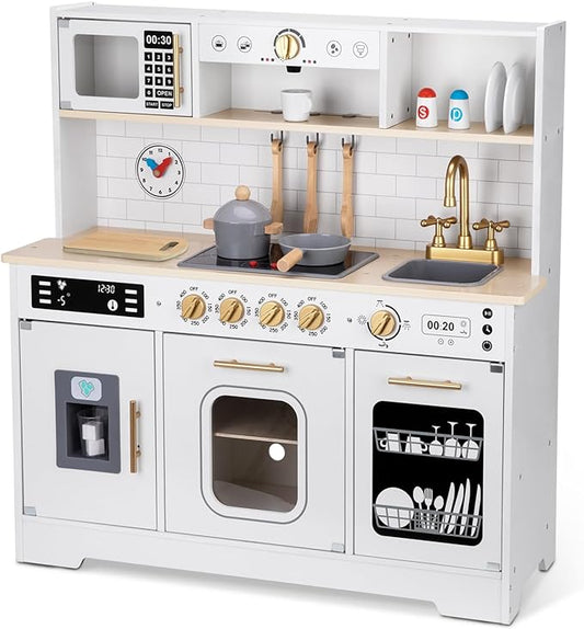 OOOK Kids Play Kitchen Set with Plenty of Features, Sink, Oven, Stove, Dishwasher, Coffee Maker, Ice Maker and Microwave, Play Kitchen Sets for Kids Ages 4-8