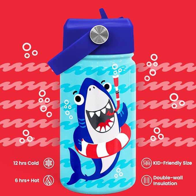 Shark Water Bottle - Kids Water Bottle with Straw Lid - 12 Oz Insulated Stainless Steel Water Bottles for Kid Boys - Travel Cup for School Sports