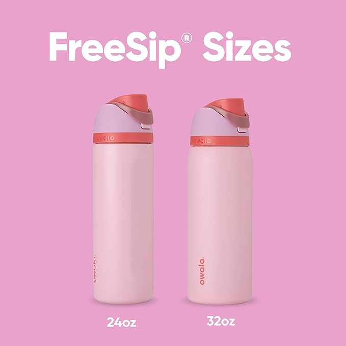 Owala FreeSip Insulated Stainless Steel Water Bottle with Straw for Sports and Travel, BPA-Free Sports Water Bottle, 24 oz, Pink, Angel Food Cake