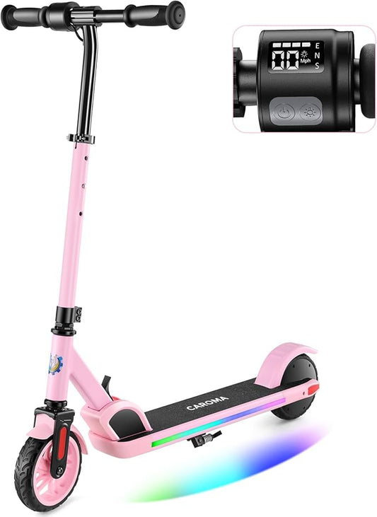 Caroma Electric Scooter for Kids Ages 6-14, 180W/150W Motor & 10 Mph, 85 Mins Ride Time, Adjustable Height & Speed, LED Display & Colorful Lights, Kids Electric Scooter, Best Gifts for Girls and Boy