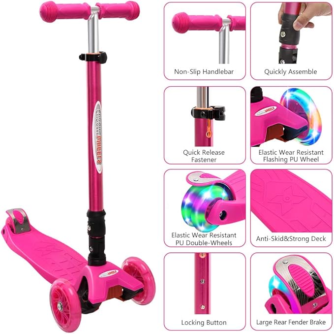ChromeWheels Foldable Scooters for Kids, Deluxe Kick Scooter 4 Adjustable Height 132lbs Weight Limit 3 Wheel, Lean to Steer LED Light Up Wheels, Best Gifts for Girls Boys Age 3-12 Year Old