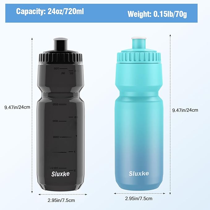 24oz Cycling Water Bottle 2Pack, 720ml Sports Squeeze Bicycle Bottle BPA Free, Lightweight Fits Most Bike Cages