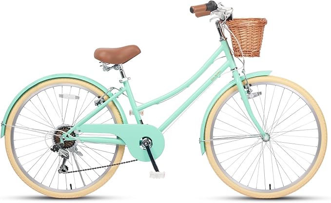 Glerc 20 24 26 Inch Beach Cruiser Bike, 6-Speed Hybrid City Bicycle for Girls Youth and Over 6 Years Old, Missy Bike with Wicker Basket & Lightweight, Multiple Colors