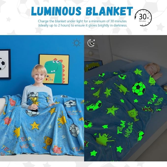 Glow in The Dark Soccer Blanket,Football Gifts Toys for Boys Kids, Birthday Presents Decor for Kids Age 3-14 Year Old Son Teen Child Toddler Luminous Christmas Bedroom Throw Blanket 50"x60"