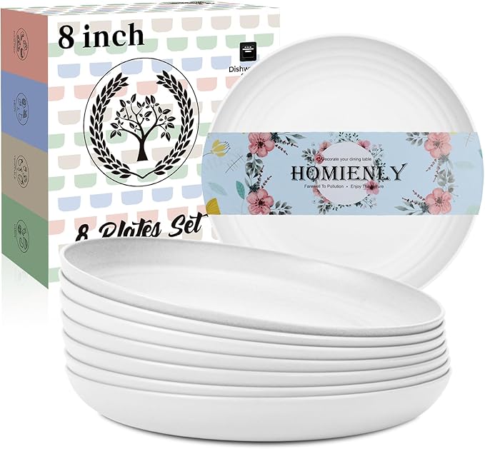 Homienly Wheat Straw Plates, 8 Inch Dessert Plates Set of 8, Unbreakable White Round Plate - Alternative to Plastic Plates, Lightweight Microwave and Dishwasher Safe Plate Set for Camping - White