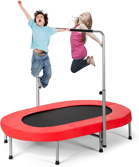 Giantex Mini Trampoline, 2 Persons Foldable Fitness Trampoline w/ 5 Levels Height Adjustable Handle, Max Load 330LBS, Indoor Oval Rebounder Exercise Trampoline for Adult, Kid, Enjoy Parent-child Time