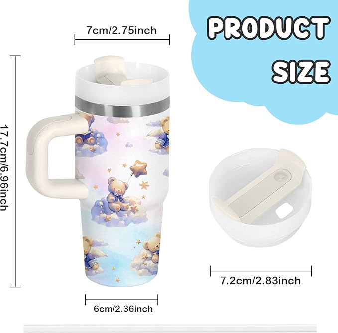 Bear Gifts - 14 Oz Cartoon Kids Tumbler with Handle and Straw, Stainless Steel Insulated Water Bottle,for Boys Girls, School, Travel - Cute Bear Themed Children Birthday Gift Cup(1pc)