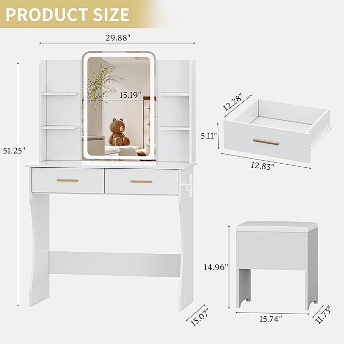 Small Vanity Desk with Mirror and Lights, Makeup Vanity Table Set with 3 Lighting Modes & Adjustable Brightness, Power Outlet, Storage Drawers, Cushioned Stool, Dressing Table for Women Girls
