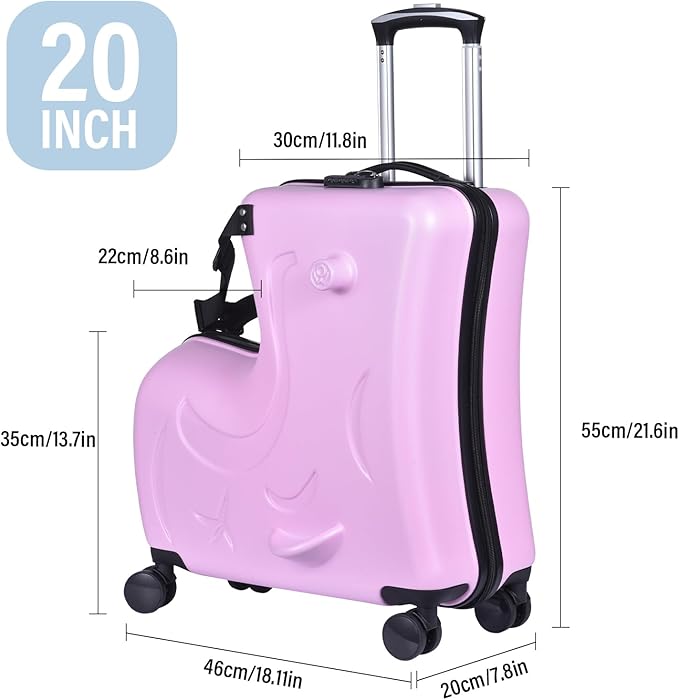 20 Inch Ride On Kids Suitcase with Wheels, Ride on Luggage with Pedal, Hardshell Kids Suitcase Adjustable Safe Harness, ABS+PC, Up To 100 Lbs, Pink