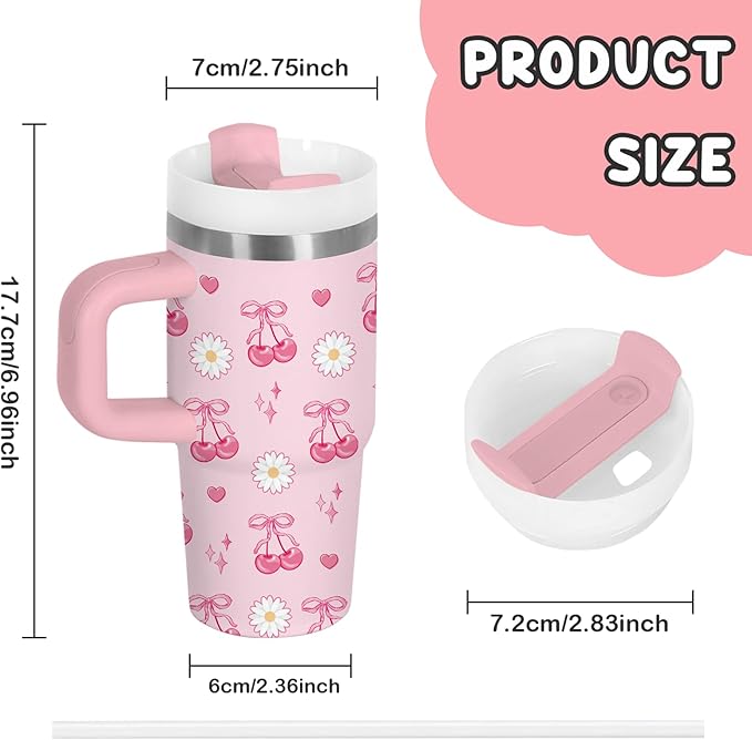 Cherry Bow Gifts for Girls - 14oz Kids Tumbler with Handle and Straw, Stainless Steel Insulated Water Cup, for Sport, School, Travel - Pink Bow Cherry Themed Children Birthday Gift Cup(1pc)
