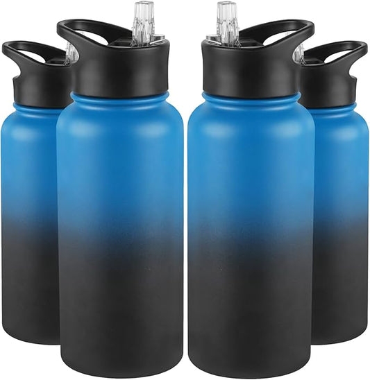 32 Oz Insulated Water Bottle Bulk 4 Pack, Stainless Steel Sports Water Bottles with Straw Lid & Wide Mouth Lids, Double Walled Vacuum, Leak Proof, Blue Black Gradient