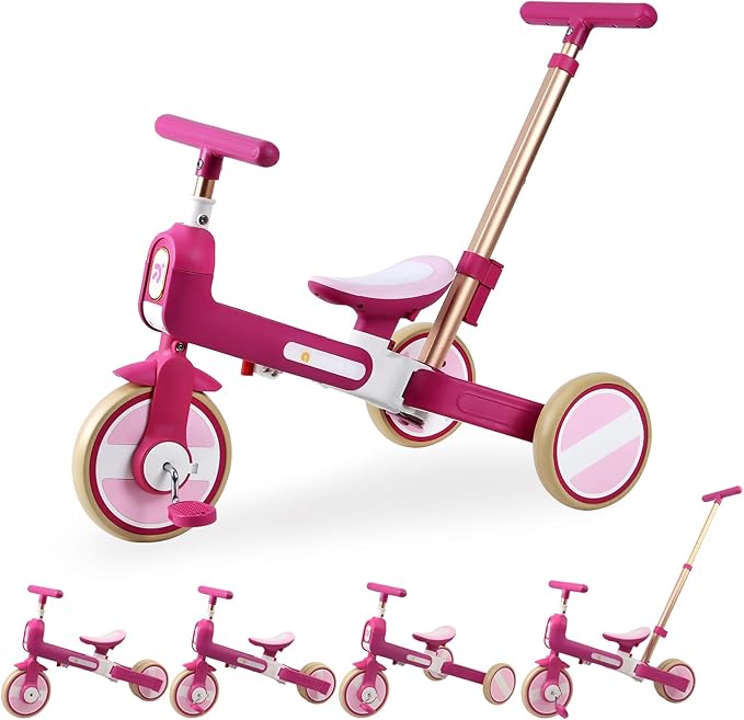 WEEROCK 6 in 1 Toddler Tricycle Fold Up Kid Tricycles with/Without Parent Steering Push Handle Boys Girls Balance Bike for 1-6 Years Old Toy Gift, Purple