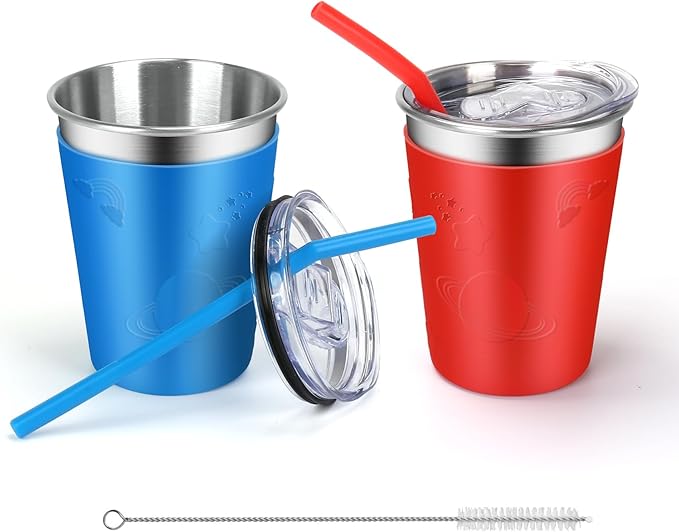 ShineMe Stainless Steel Kids Cups with Straws and Lids, 2 Pack Toddler Cups Spill Proof with Cute Sleeves in Bright Colors, 12oz Unbreakable Kids Drinking Tumblers for Cold/Hot Drinks (Red & Blue)