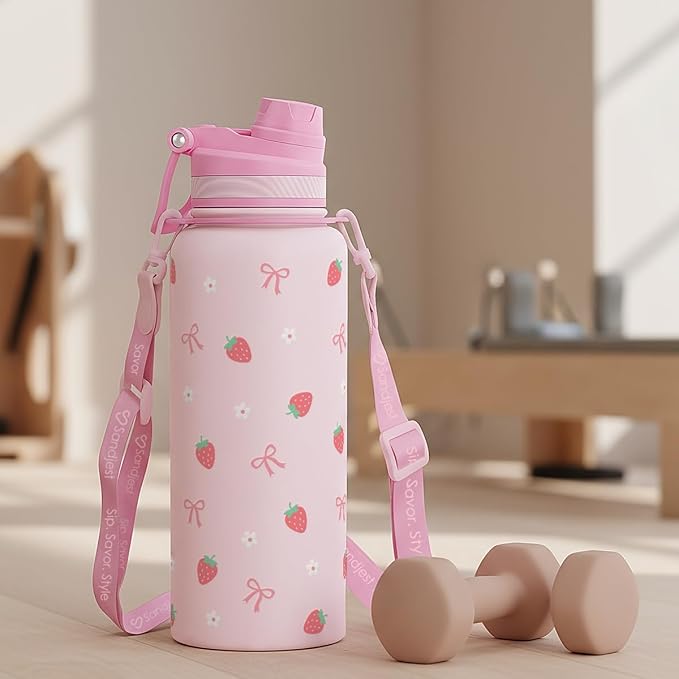 SANDJEST Strawberry Stainless Steel Water Bottle with Strap 32oz, Insulated Bottles with Straw and Spout Lid for Gym Sports Travel Outdoor, Gifts for Women Girls Birthday Christmas