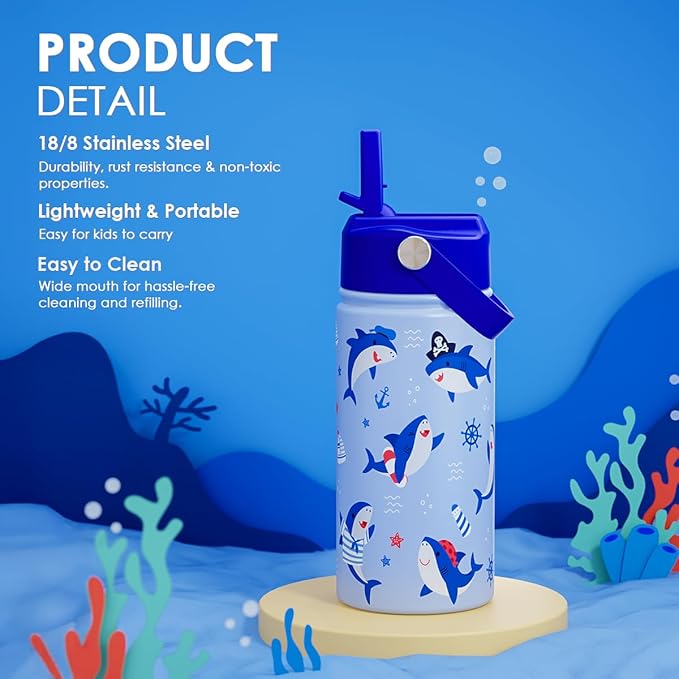Shark Kids Water Bottle With Straw Lid 12oz Insulated Stainless Steel, Travel Tumbler, Gifts For Boys Girls, Birthday, Christmas, Back To School