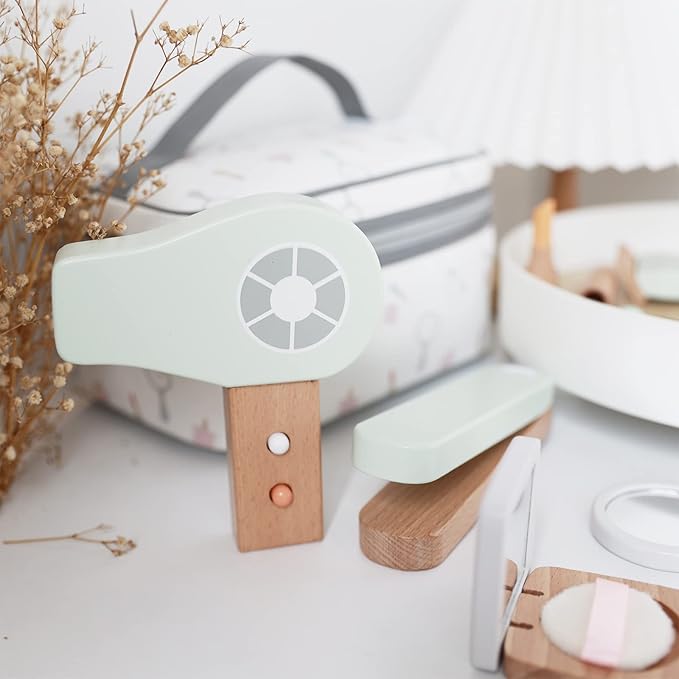 Wooden Makeup Toy Set Pretend Wood Beauty Salon Toys Toddler Wooden Makeup Kit for Girls 16PC