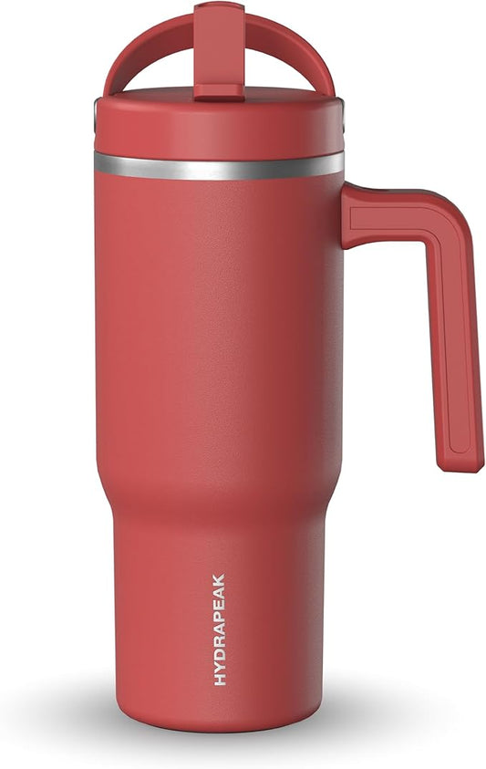 Hydrapeak Kids Voyager 18 oz Tumbler with Handle and Flip-Up Straw Lid | Spill Proof and Leak Resistant | Reusable Stainless Steel Water Bottle | Gift for Kids Boys Girls | Faded Red