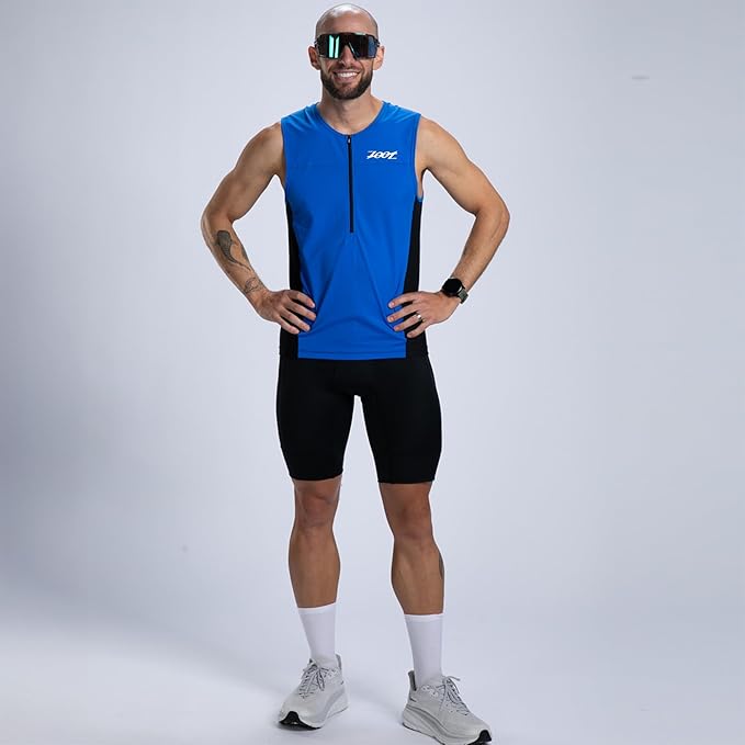 Zoot Men’s Core Tri Tank, Performance Triathlon Race Tank Top, UPF 50+ Fabric, Rear Pockets, Mesh Panels, & Cam Lock Zipper