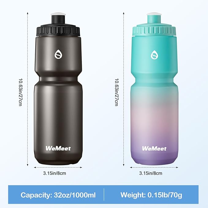 Lightweight Cycling Water Bottle 2-Pack, Fits Most Bike Cages, Squeeze Water Bottle for Cycling, Running, Fitness(Black & Green Pink Purple, 32oz)