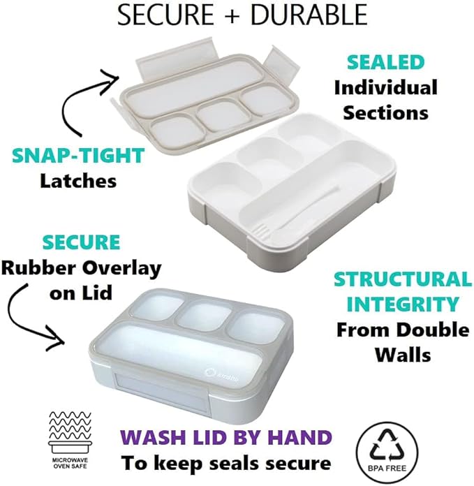 Bento-Box with Lunch Bag and Ice Pack Set. Containers for Kids Adults Boys Girls Snacks and Lunches. 4 Compartments, Divided Portion Container Boxes with Insulated Bags for School, Grey