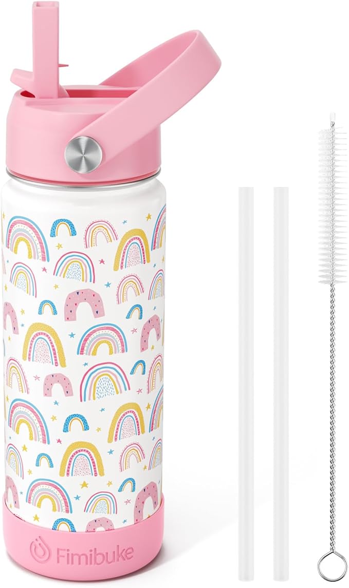 Fimibuke Kids Insulated Water Bottle, 18oz BPA FREE 18/8 Stainless Steel Kids Cup with Straw Travel Tumbler Double Wall Vacuum Leak Proof Toddler Water Bottle for School Boys Girls(1 Pack, Rainbow)