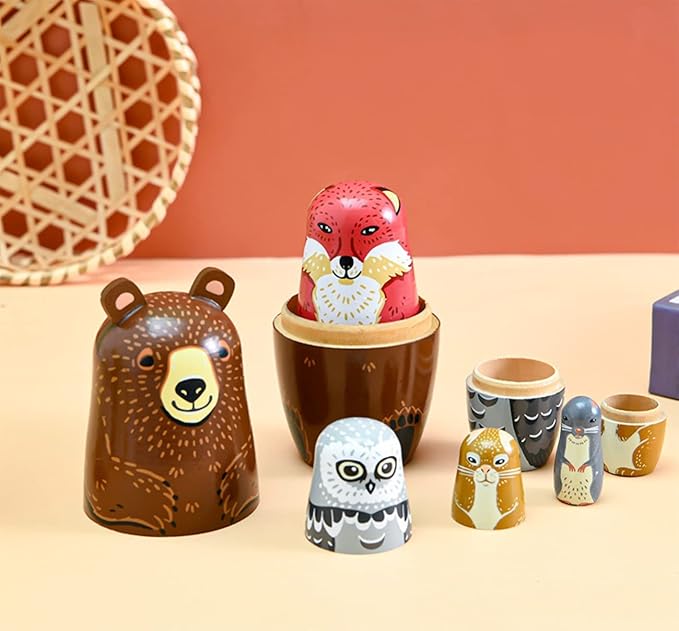 Cute Animal Nesting Dolls - Brown Bear Fox Owl Rabbit Raccoon Matryoshka Doll Handmade Wooden Dolls for Children Christmas Birthday Decoration Halloween Wishing Gift,Set of 5
